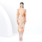 women's clothing  early spring - retro style stand-up collar long-sleeved slim-fit hip-wrapped medium and long three-dimensional embroidery dress