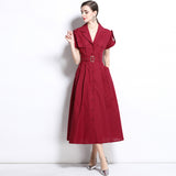 Retro British style single-breasted V-neck short-sleeved dress with waist and belt, thin shirt skirt, multi-pocket A-shaped skirt