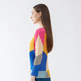 Miyake new color matching bottoming shirt for women's spring and autumn design Korean version round neck slim-fitting long-sleeved t-shirt top for women