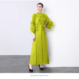 Elegant bead three-dimensional flower dress women's spring pleated bubble sleeve disc flower large size elastic slim dress