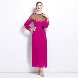 senior celebrity Fan Heavy Industry bead dress skirt temperament imperial sister Fan lantern sleeve pleated loose long dress