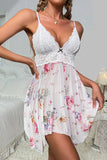 woloong Mesh Lace Spliced Halter Floral Print Dress
