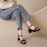 WOLOONG Women's Chunky Summer Buckle All-match Square Toe Heels