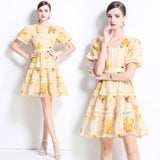 women's clothing  spring and summer new products round neck short-sleeved lace hollow splicing A-word coffee break skirt, short dress
