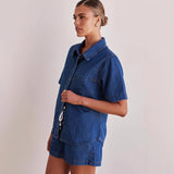 2025 Casual wind  summer new New Popular trade washed retro solid color short-sleeved shirt shorts denim suit women