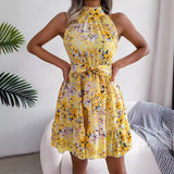 New Popular trade 2025 women's clothing popular summer sleeveless neck skirt lace-up waist floral dress