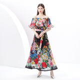 women's clothing  early spring - painted holiday one-word shoulder pleated ruffle edge holiday printed long dress