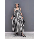 Popularan Station  Summer New Fashion Dress Large Size Casual Cotton and Linen Suspender Plaid Temperament Women
