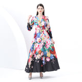 Early Spring - Vacation Style Suit Collar Long Sleeve Wide Swing Wave Edge Floral Print Long Dress