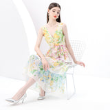 Early Spring - Vacation Style V-Neck Sleeveless Wide Swing Wave Edge Cake Floral Print Long Dress