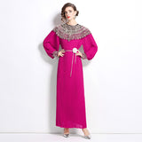 senior celebrity Fan Heavy Industry bead dress skirt temperament imperial sister Fan lantern sleeve pleated loose long dress