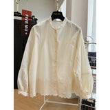Autumn urgent season high-end Popular style fungus edge hollow crochet thin long-sleeved shirt women's  temperament shirt top