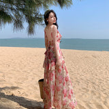 2025 Holiday style chiffon floral dress female sweet fairy belt big halter skirt thin beach temperament long dress