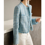 2025 Haute couture wool small fragrant jacket spring and autumn new  spring women's clothing short spring and autumn tweed blue top