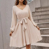 2025 Popular trade women's clothing popular  summer fashion V-neck long-sleeved lace-up waist pleated dress