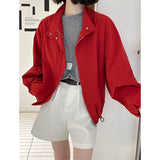 2025  spring new retro temperament stand-up collar drawstring design loose long-sleeved thin jacket women's 62508
