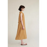 Cotton and linen wear neckline pleated belt sleeveless dress  summer new green simple dress