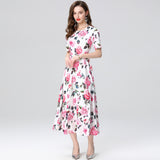 summer new short-sleeved waist slim-fitting and thin printed round neck medium and long big pendulum dress women