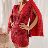 's new  autumn clothing sexy v-neck hip-wrapped irregular short skirt sequined dress