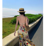 2025 Dopamine graffiti print wide-leg pants women's summer seaside wear high-waisted beach culottes drape split-ended color pants