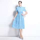 summer new  retro niche stand-up collar ruffle edge splicing waist hollow embroidery short-sleeved dress