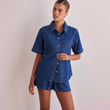 2025 Casual wind  summer new New Popular trade washed retro solid color short-sleeved shirt shorts denim suit women