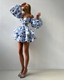 summer new V-neck low-cut  hot girls high waist waist fashion floral princess dress women