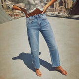 2025 Popular trade ebay  New  autumn mid-waist straight machete cutting thin jeans women's clothing