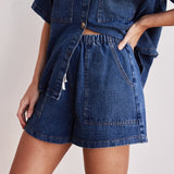 2025 New retro casual loose pocket short-sleeved shirt shorts denim two-piece set