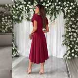 Popular trade 2025 women's clothing popular summer solid color sexy V-neck pleated waist bubble sleeve big pendulum dress