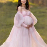 New new  pregnant women's clothing large size bubble sleeves off-the-shoulder mesh tube top long dress big swing dress