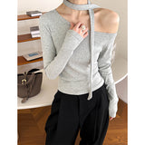2025  spring new  streamer neck open shoulder design slanted shoulder sexy bottoming knitted sweater 9005-1