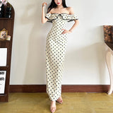 2025 style  spring new women's clothing polka dot off-the-shoulder ruffle edge waist thin long dress dress