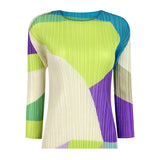 Miyake new color matching bottoming shirt for women's spring and autumn design Korean version round neck slim-fitting long-sleeved t-shirt top for women
