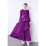 Miyake irregular swing skirt  spring new solid color lace-up pleated waist top dress two suits women
