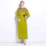 senior celebrity Fan Heavy Industry bead dress skirt temperament imperial sister Fan lantern sleeve pleated loose long dress