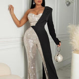new  New e-commerce independent station women's clothing silver splicing sequins single shoulder fashion sequined jumpsuit