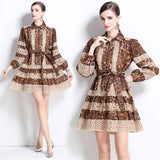 spring retro high-end long-sleeved new hollow lace splicing leopard print dress