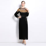 senior celebrity Fan Heavy Industry bead dress skirt temperament imperial sister Fan lantern sleeve pleated loose long dress