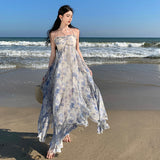 2025 blue floral neck dress women's summer niche design irregular waist backless sleeveless long skirt