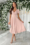 Popular trade 2025 women's clothing popular summer solid color sexy V-neck pleated waist bubble sleeve big pendulum dress