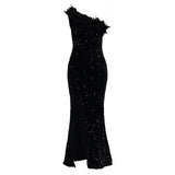 WOLOONG D525  new fashion temperament diagonal collar banquet high waist split long dress dress sequin dress