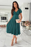 Popular trade 2025 women's clothing popular summer solid color sexy V-neck pleated waist bubble sleeve big pendulum dress