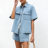 2025 New retro casual loose pocket short-sleeved shirt shorts denim two-piece set