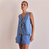 2025 Independent station New  style summer fashion casual sleeveless lace-up high waist women's vest denim suit shorts