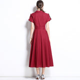 Retro British style single-breasted V-neck short-sleeved dress with waist and belt, thin shirt skirt, multi-pocket A-shaped skirt