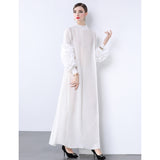 Large petal disc flower stand-up collar pleated long dress women's Miyake loose pendulum long-sleeved coffee break dress wedding banquet