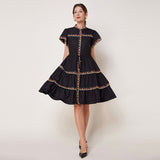 retro premium stand-up collar colored embroidered drawstring slim-fit dress women's  summer new