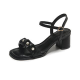WOLOONG Women's Chunky Summer Buckle All-match Square Toe Heels