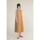 Cotton and linen wear neckline pleated belt sleeveless dress  summer new green simple dress